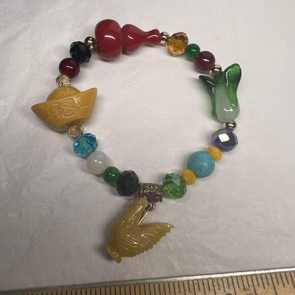 Year of the Rooster Chinese Good Luck Charm Glass Bead Stretch Bracelet - Picture 1 of 10